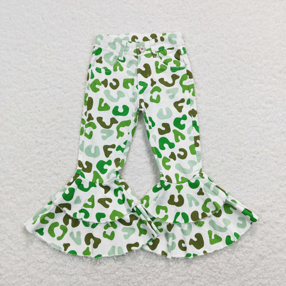 Green Leopard Print Flared Girls Jeans Pants