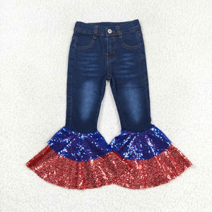 Red Blue Sequin Flared Girls 4th of July Pant Jeans