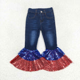 Red Blue Sequin Flared Girls 4th of July Pant Jeans