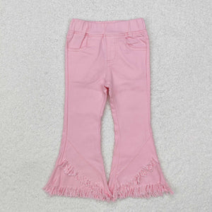 Solid Pink Tassels Girls Jeans Pants