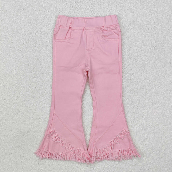 Solid Pink Tassels Girls Jeans Pants