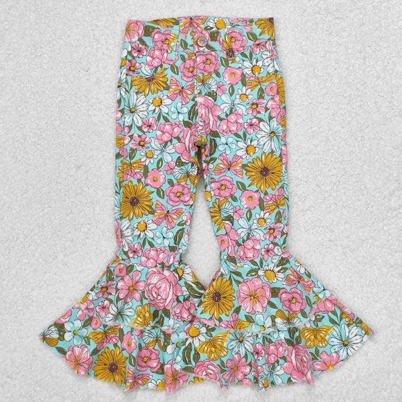 Pink Yellow Floral Girls Jeans Pants