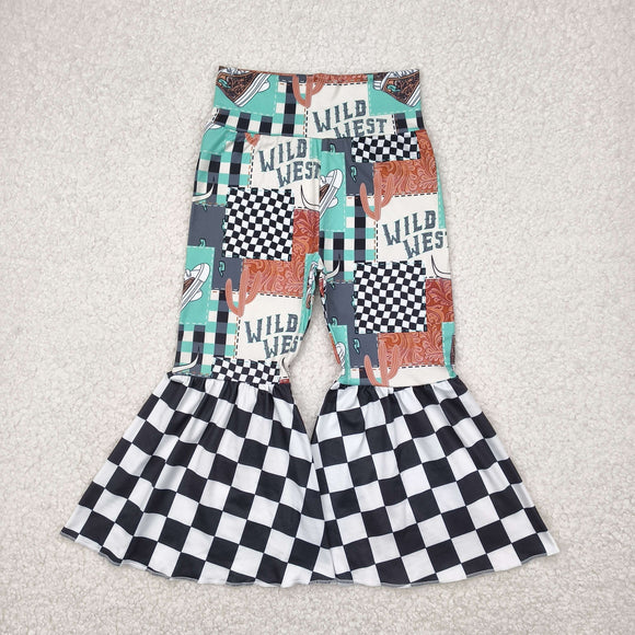 Wild West Black White Plaid Girls Bell Bottoms Pants