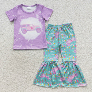 Floral Cartoon Dolls Purple Girls Short Sleeve+Trousers Sets