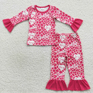 Cartoon Dolls Heart Hot Pink Ruffles Girls Long Sleeve Pajamas