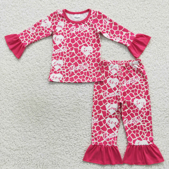 Cartoon Dolls Heart Hot Pink Ruffles Girls Long Sleeve Pajamas