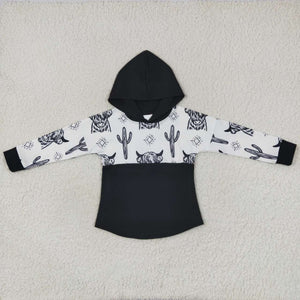 Cactus Highland Cow Black White Boys Hoodie Top