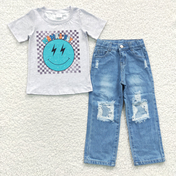 Mama's Boy Smile Beggar Jeans Boys Short Sleeve+Trousers Sets