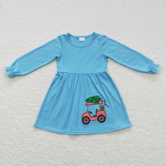 Tree Car Sky Blue Girls Christmas Dress