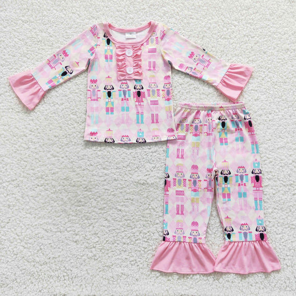 Solider Pink Ruffles Girls Christmas Pajamas