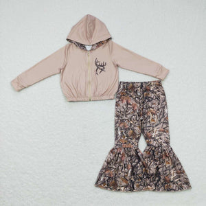 Jungle Hunting Branch Deer Light Brown Hoodie Crop Top Girls Long Sleeve+Trousers Sets