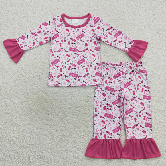 Cartoon Dolls Hot Pink Girls Long Sleeve Pajamas