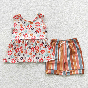 Floral Colorful Stripe Girls Shorts Sets