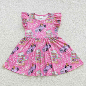 Cartoon Dolls Pink Girls Flutter Sleeve Dress