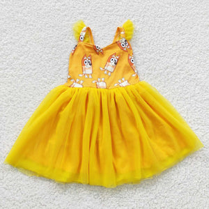 Cartoon Dogs Yellow Gauze Tulle Girls Flutter Sleeve Dress