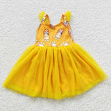 Cartoon Dogs Yellow Gauze Tulle Girls Flutter Sleeve Dress