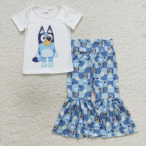 Cartoon Dogs Floral Blue Plaid Girls Short Sleeve+Trousers Sets