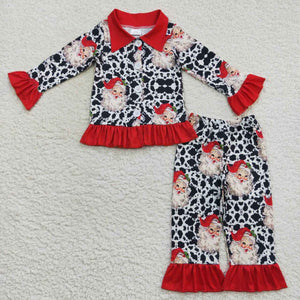 Santa Cow Print Red Ruffles Girls Christmas Pajamas