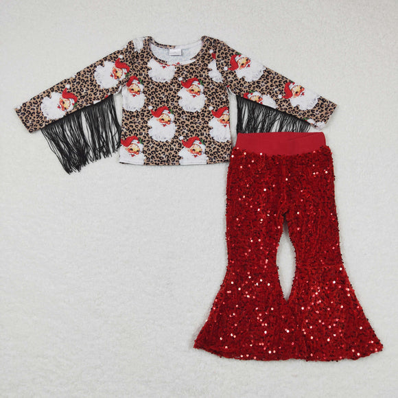 Santa Leopard Print Red Sequins Girls Christmas Outfits