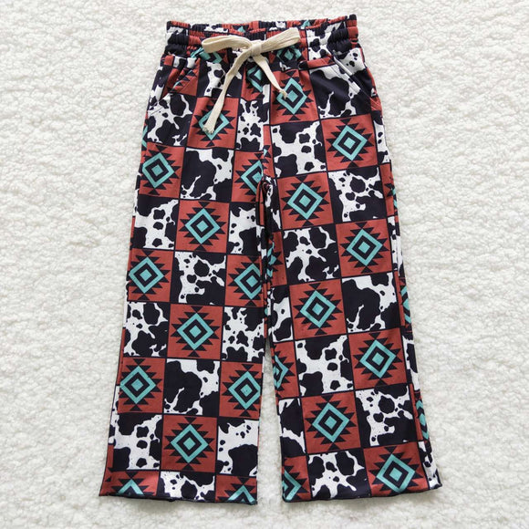 Aztec Cow Print Plaid Brown Girls Long Pants