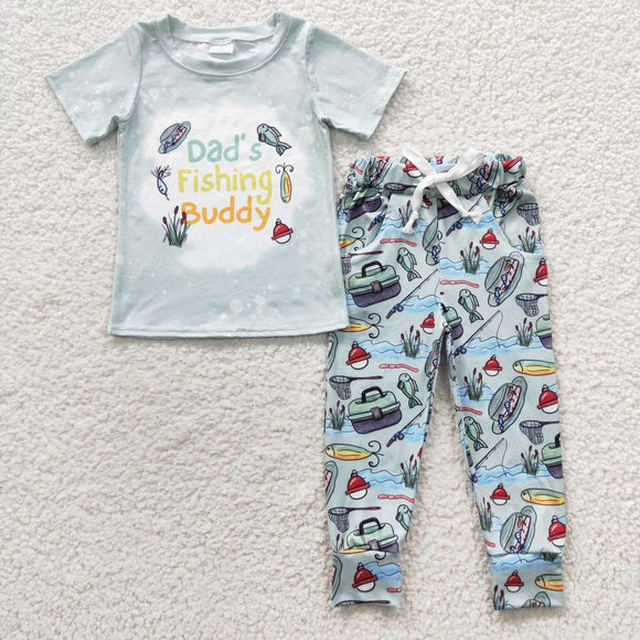 Dad's Fishing Buddy Blue Boys Short Sleeve+Trousers Sets