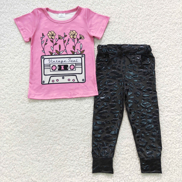 Vintage Soul Leopard Print Black Girls Short Sleeve+Trousers Sets