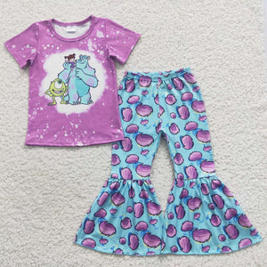 Cartoon Eye Purple Blue Girls Short Sleeve+Trousers Sets