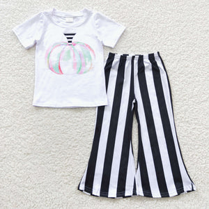 Promotional Pumpkin White Black Stripe Girls Short Sleeve+Trousers Sets