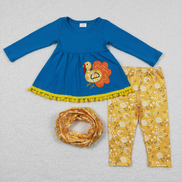 Floral Turkey Blue Yellow Pompom Girls Thanksgiving Outfits