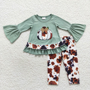 Pumpkin Cowhide Bluish Girls Long Sleeve+Trousers Sets