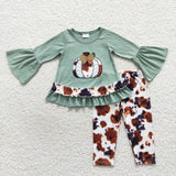 Pumpkin Cowhide Bluish Girls Long Sleeve+Trousers Sets