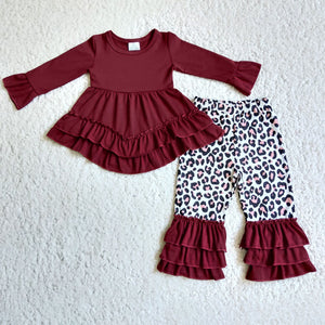 Promotional Solid Wine Red Leopard Print Girls Valentines Outfits