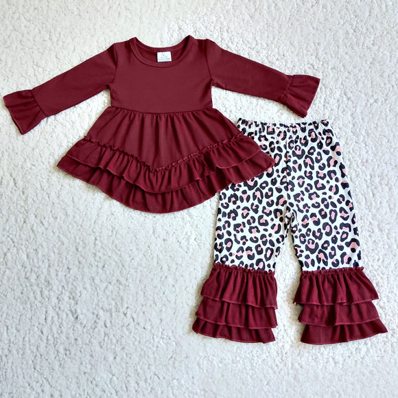 Promotional Solid Wine Red Leopard Print Girls Valentines Outfits