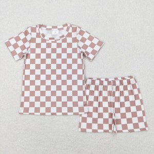 Pastel Brown Plaid Boys Shorts Sets