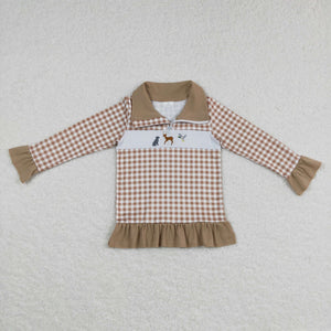 Dog Elk Deer Duck Khaki Plaid Polo Girls Long Sleeve Top