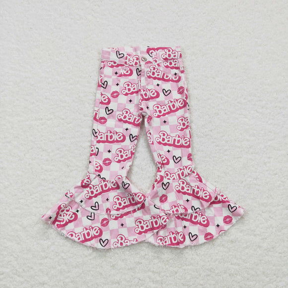 Cartoon Dolls Letters Heart Pink White Plaid Flared Girls Jeans Pants