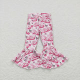 Cartoon Dolls Letters Heart Pink White Plaid Flared Girls Jeans Pants