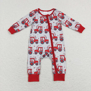 Tractor Heart Red Gray Boys Valentines Romper