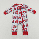 Tractor Heart Red Gray Boys Valentines Romper