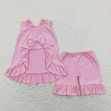 Solid Pink Bow Girls Shorts Sets