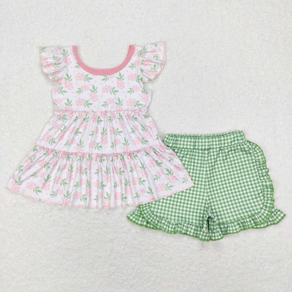 Floral Green Plaid Girls Shorts Sets