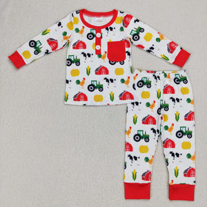 Farm Animals Corn Red White Boys Long Sleeve Pajamas