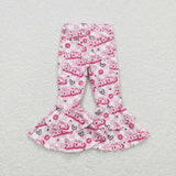 Cartoon Dolls Letters Heart Pink White Plaid Flared Girls Jeans Pants