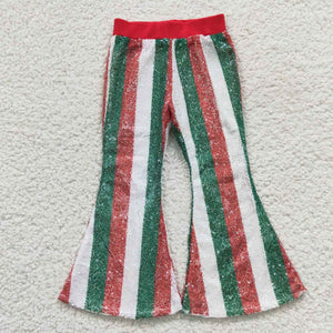 Red Green White Stripe Sequin Girls Pants