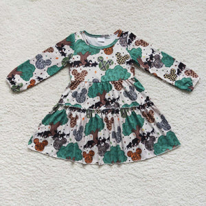 Cartoon Animals Tree Girls Long Sleeve Dress