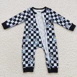 Cartoon Dogs Lightning Black Blue Plaid Boys Fall Romper