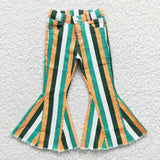 Orange Green Stripes Flared Girls Jeans Pants