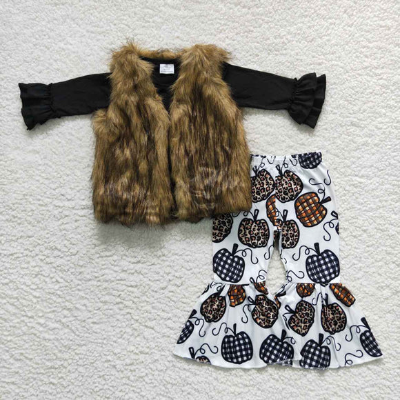 3pcs Dark Brown Vest Pumpkin Solid Black Girls Long Sleeve+Trousers Sets