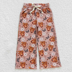 Highland Cow Floral Butterfly Girls Long Pants