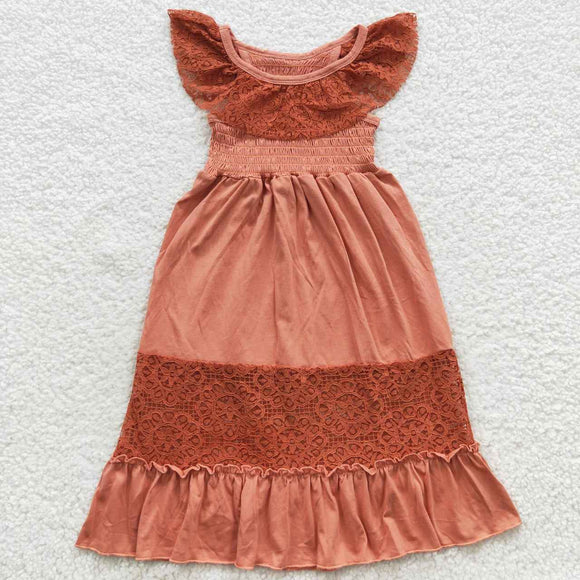 Lace Ruffles Brick Red Girls Sleeveless Dress